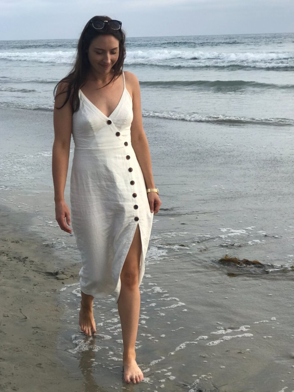 Urban Outfitters White Button Front Midi Dress w/ Slit and Tortoise Buttons